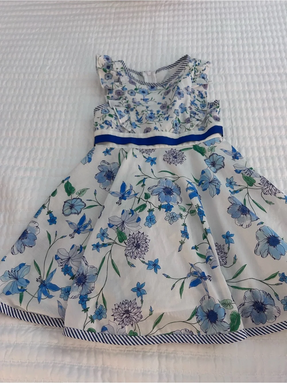Rare Editions White Dress with Blue Floral Print and Royal Blue Ribbon